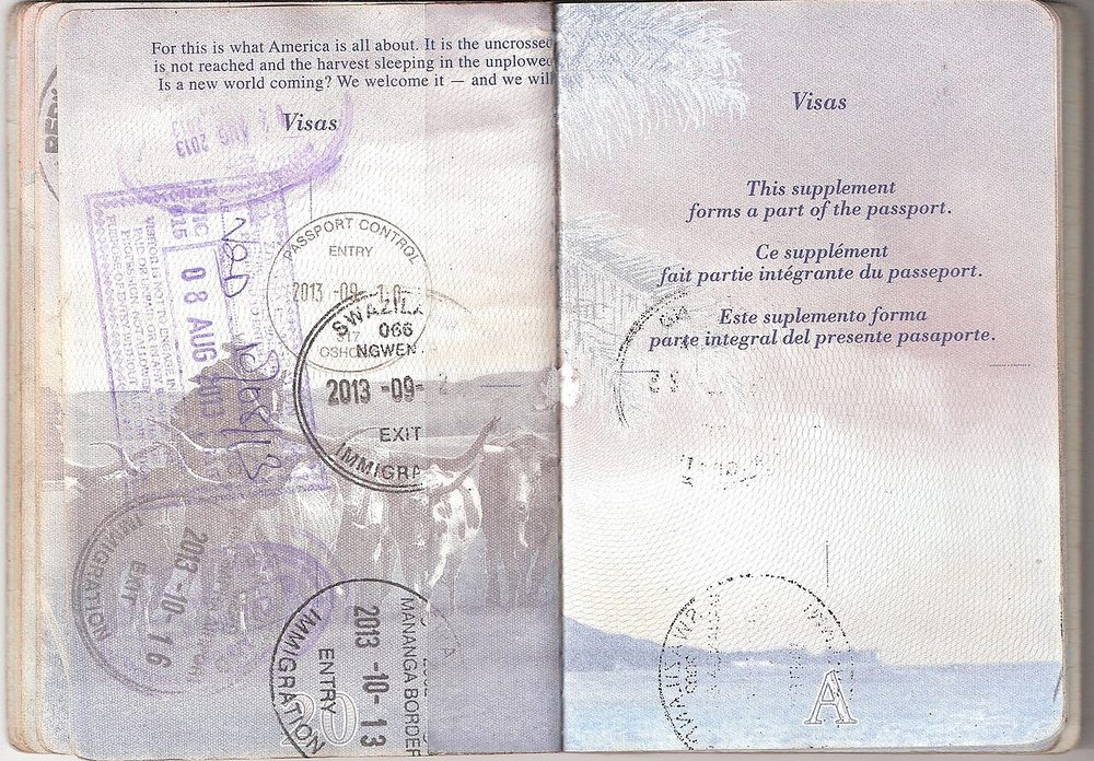 The open visa pages of a passport
